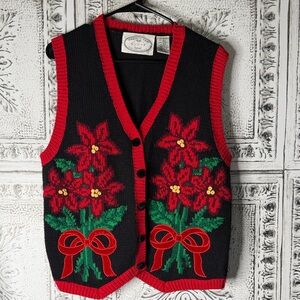 Vtg Eagles Eye Poinsetta and Bow Cardigan Vest